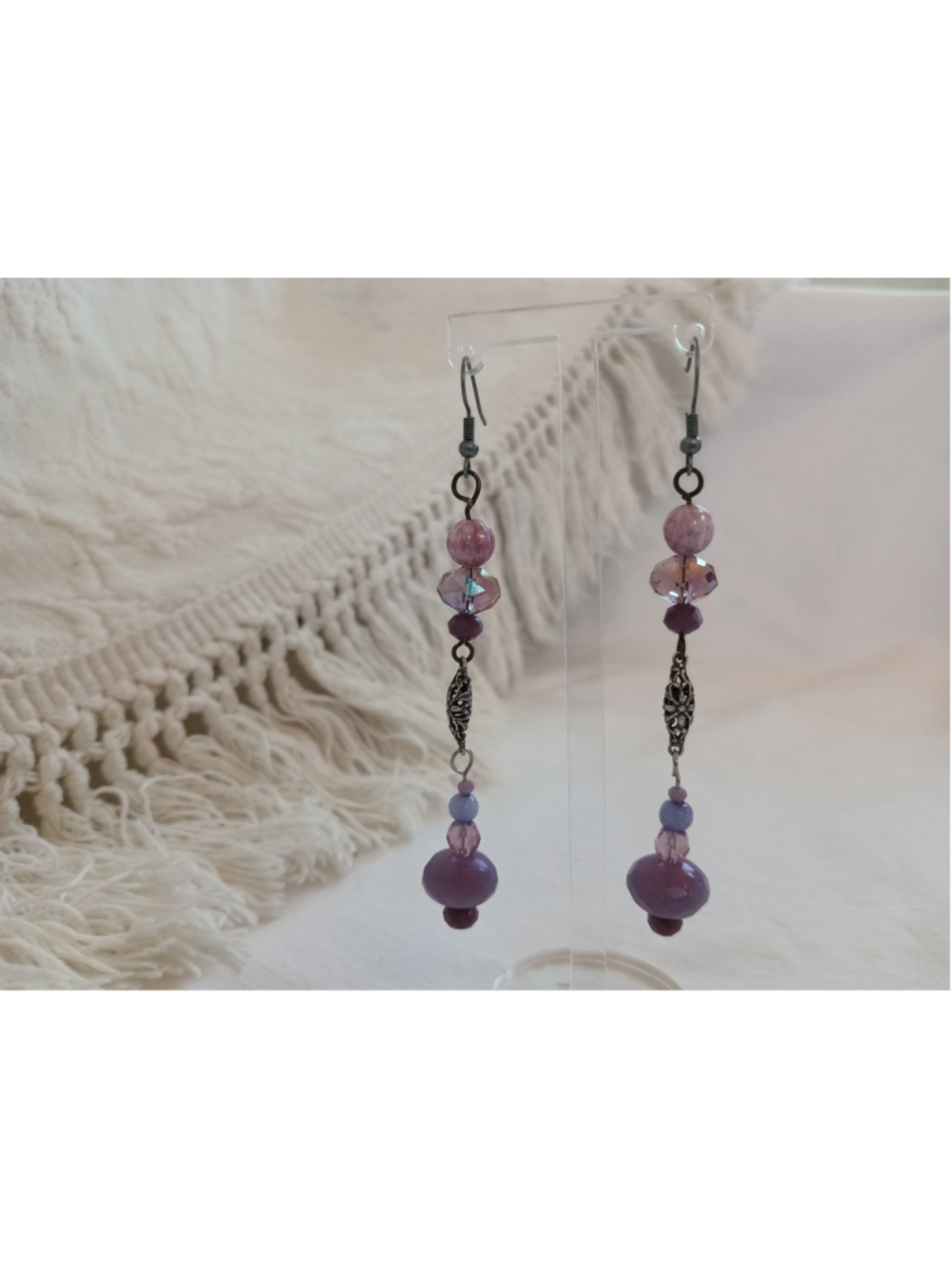 Slender Purple crystal Beaded Dangle Earrings long silver colorful coquette vibe - Picture 2 of 7
